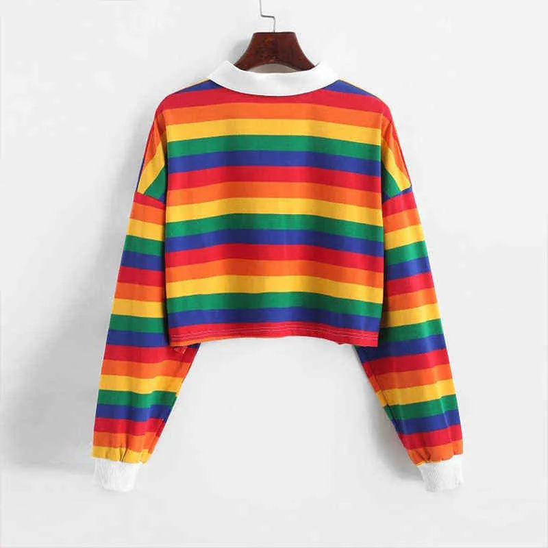 QRWR Polo Shirt Women Sweatshirt Long Sleeve Rainbow Color Ladies Hoodies With Button Striped Korean Style Sweatshirt Women 211109