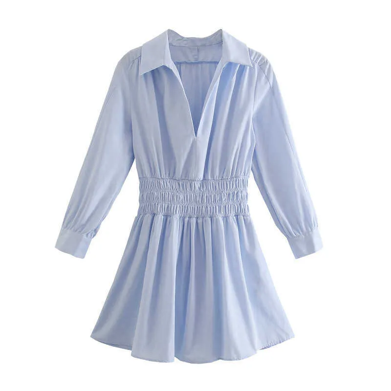 Za Spring Elastic Waist Pleated Dress Women Long Sleeve Smocked Sky Blue Office Lady Dresses Woman Elegant Mini Dress 210602