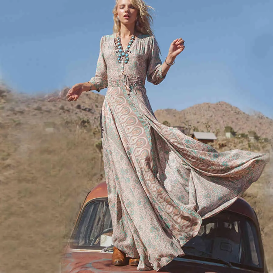 TEELYNN Boho Langes Kleid Vintage Blumendruck Chiffon Dreiviertelärmel V-Ausschnitt Sommer Gypsy Hippie Frauen Kleider Vestidos 210325