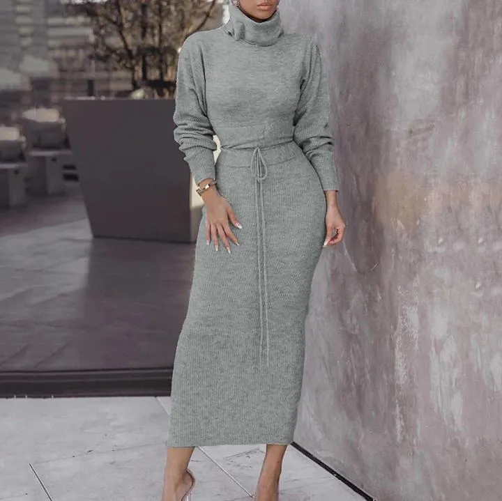 Women Sets Knitted Skirt Stand Collar Long Sleeve Solid Sweater Fashion Winter Clothing 210524