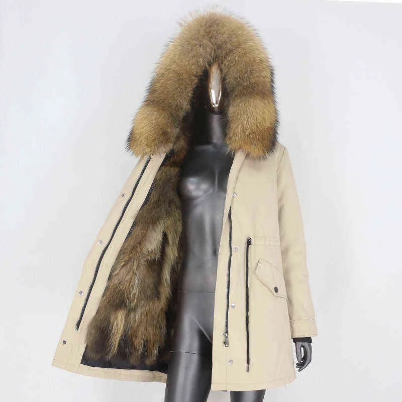 CXFS manteau de fourrure véritable veste d'hiver femmes longue Parka imperméable col de raton laveur naturel capuche épaisse doublure chaude 211110