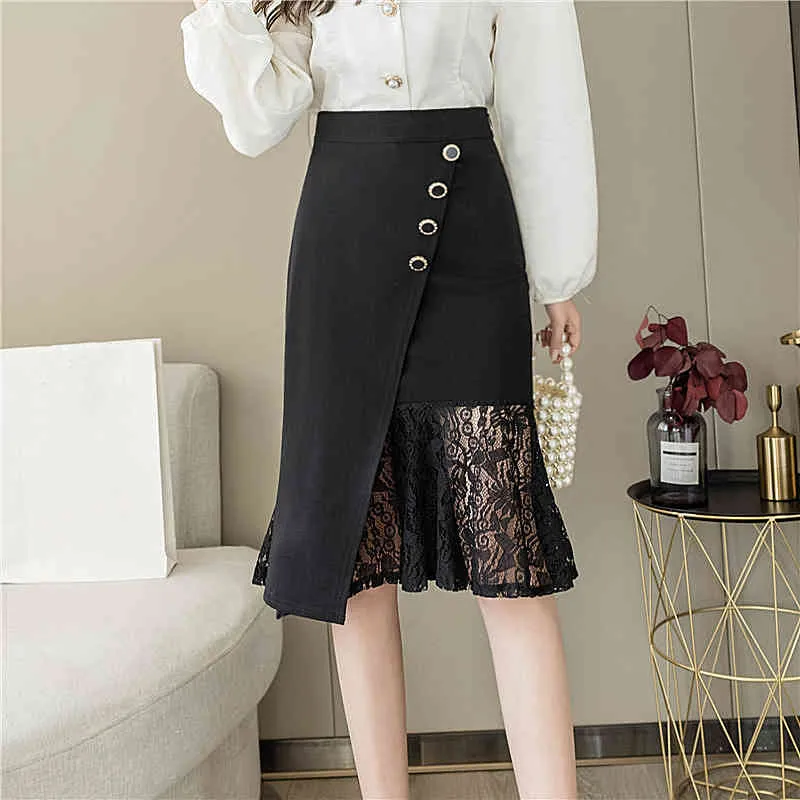 Sommar oregelbunden fishtail kjol elegant koreansk stil hög midja spets patchwork wrap work wear penna kjolar 210428