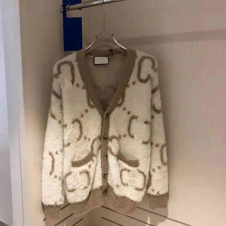 Warehouse clothing + autumn and winter style small fragrance elegant letter old flower full printed Mohair knitted cardigan women's fashion sweater coat