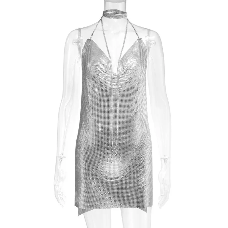 Nachtclub Sexy V-ausschnitt Hosenträger Backless Metall Hosenträger Kleid Temperament Pailletten Kleid Weste Rock Sommer CX220302