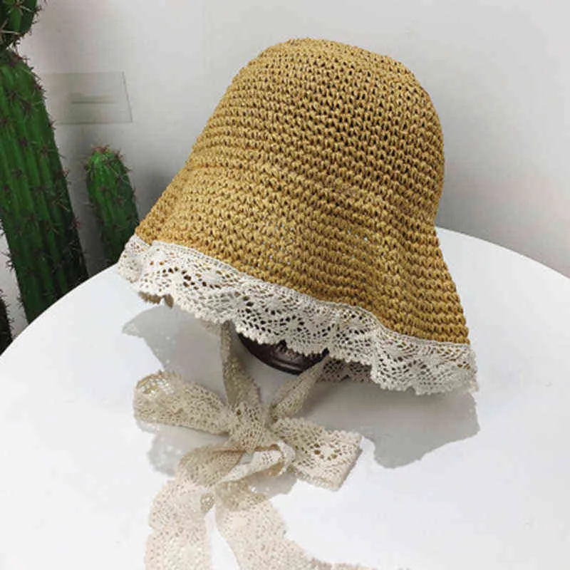Été style français dentelle ruban chapeau arc vacances plage papier de paille dame porte voyage loisirs casquette femmes seau chapeau pliable G220301