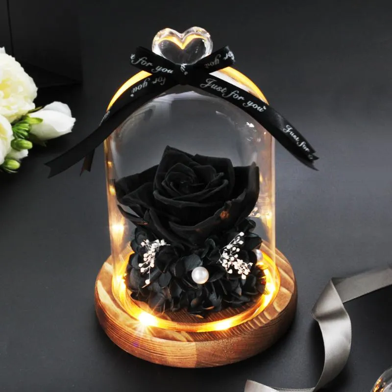 Couronnes de fleurs décoratives, décoration de maison, cadeaux de fête de mariage, vraie fleur dans un dôme de verre sur Base en bois pour la saint-valentin LED Ro327W