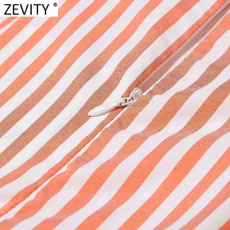 Zevity Women Fashion Sweet Striped Print Hem Pleat Ruffles A Line Skirt Faldas Mujer Female Back Side Zipper Vestidos QUN768 210603