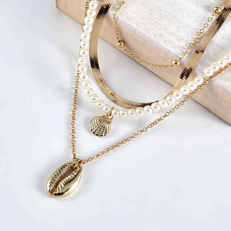 Mode or fausse perle serpent chaîne coquille pendentif colliers pour femmes collier nouveau multi niveau femme Boho Vintage bijoux cadeau G1206