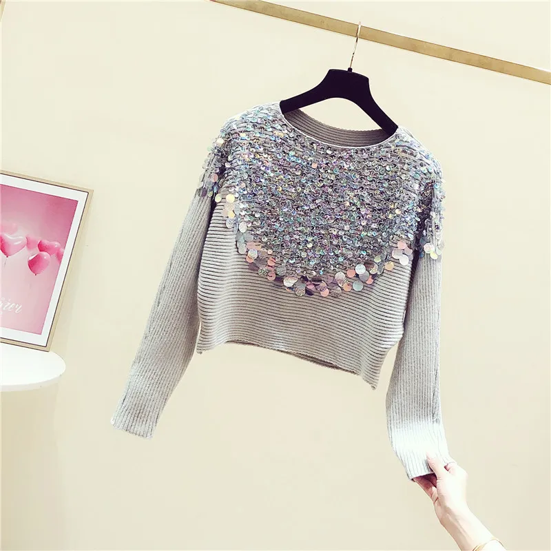 Printemps Style coréen pull femme automne paillettes manches chauve-souris coupe ample col rond pull Sweter 210428