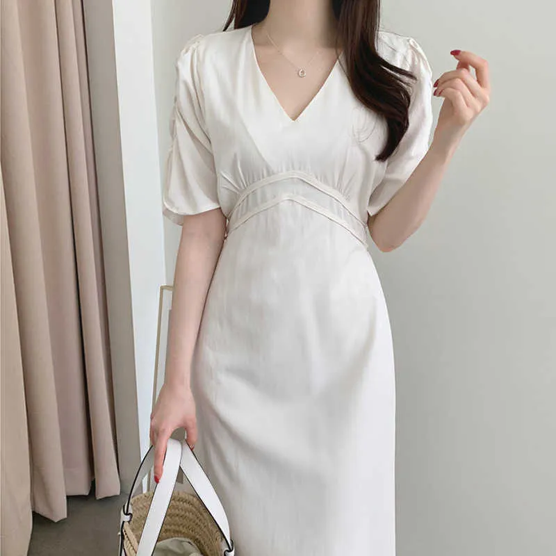 Korejpaa Frauen Kleid Sommer Koreanische Chic Französisch Elegante V-ausschnitt Krawatte Taille Abnehmen Einfarbig Plissee Kurzarm Vestidos 210526