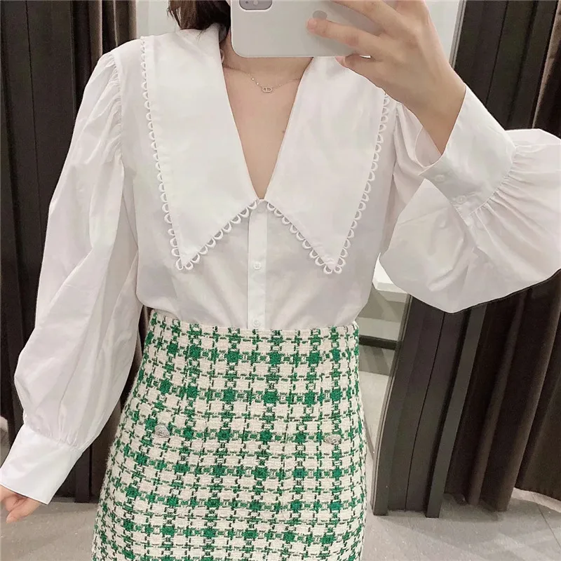 Blsqr Moda Białe Plisowane Luźne Bluzki Kobiety Vintage Klapel Collar Z Długim Rękawem Kobiet Koszule Blusas Chic Topy 210430