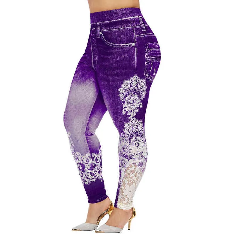 5XL Plus Size Leggings Women Denim Printing Yoga Pants Fitness Leggings Running Gym Stretch Sports Pants High-waist Trousers H1221