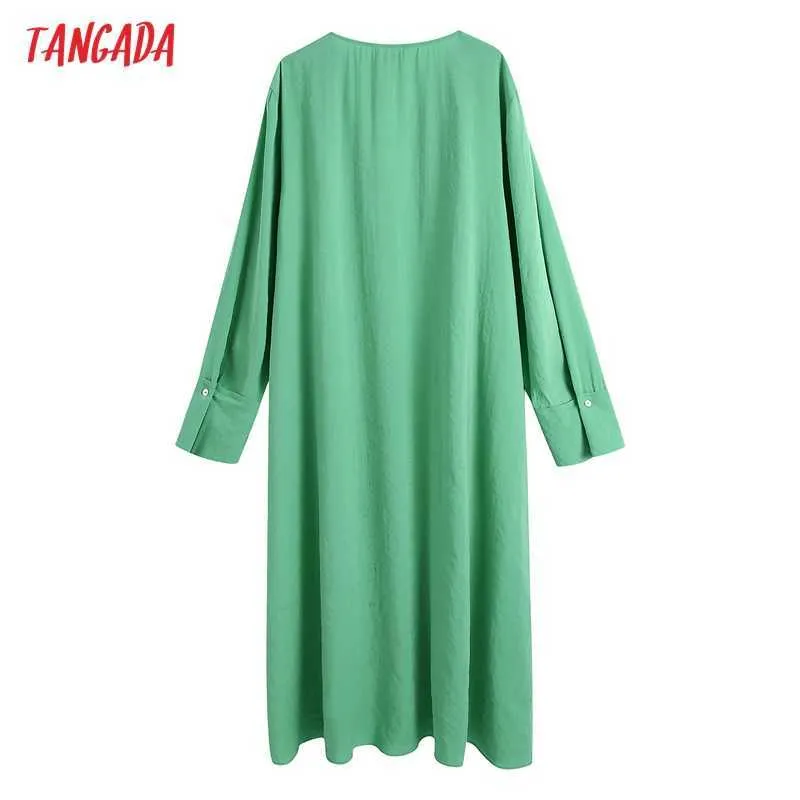 Tangada Fashion Damen Grün Übergroßes Kleid V-Ausschnitt Langarm Büro Damen Midikleid BE578 210609