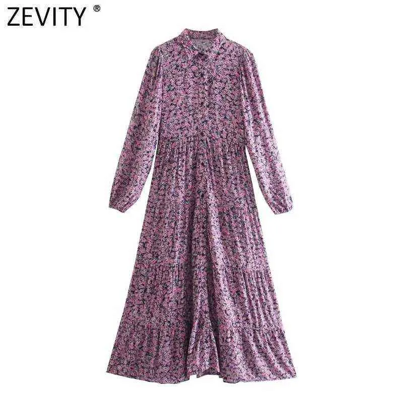 Zevity Nowe Kobiety Sweet Flower Print Pleys Design Koszula Midi Sukienka Kobieta Chic Długi Rękaw Bierowany Marka Party Vestidos DS9059 Y1204