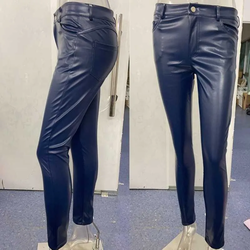 2021 Mode Couleur Unie En Cuir Pantalons Décontractés Pieds Femmes Sexy Serré Dames Stretch Taille Haute Q0801