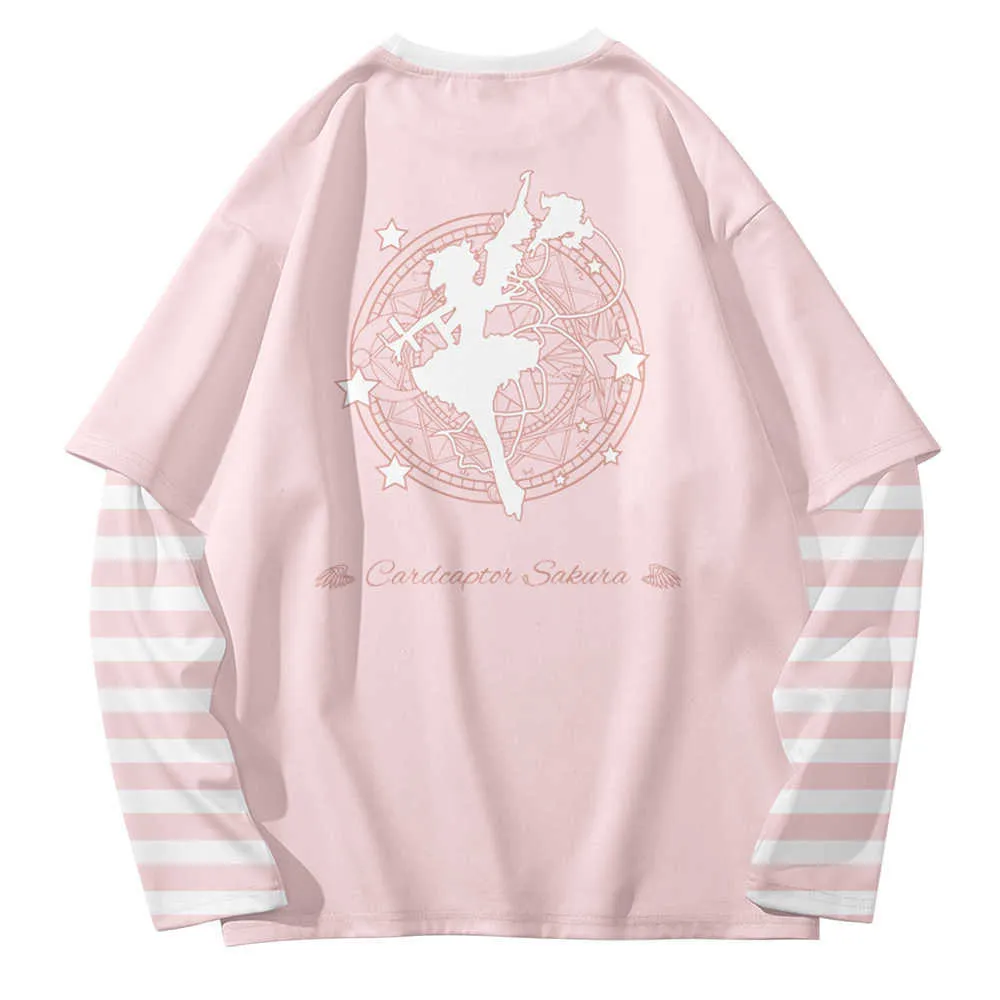 Cute Lolita Różowy Fałszywy 2 Sztuk Paski Z Długim Rękawem Koszulki T-Shirt Captor Sakura Patchwork Koszulka Otaku Anime Luźne Teees Topy 210714