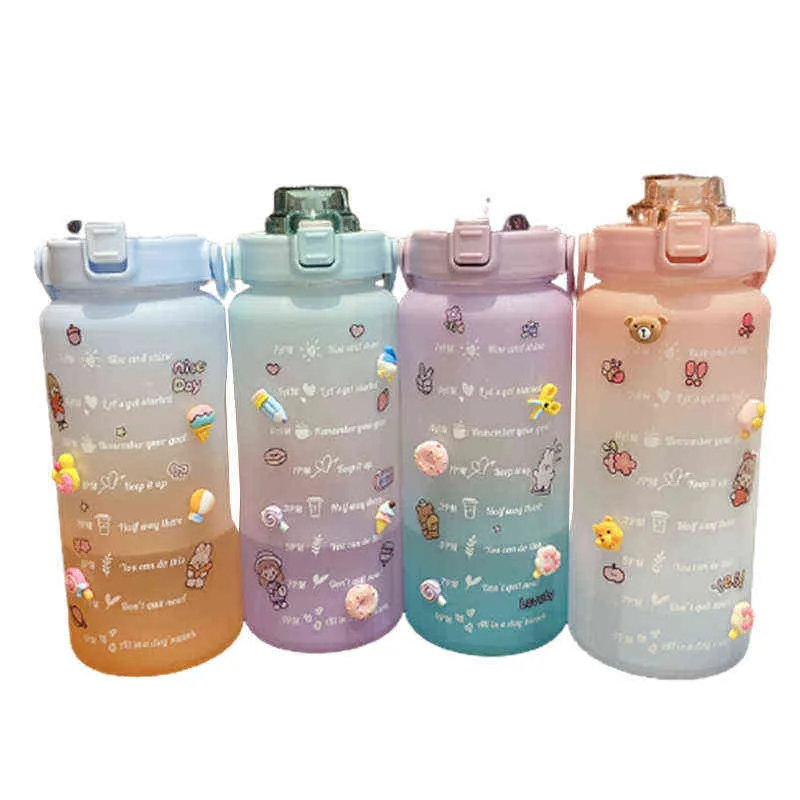 2000 ml grande bouteille d'eau avec marqueur de temps portable étanche BPA bouteille de sport non toxique avec tasse en plastique de paille Y112075