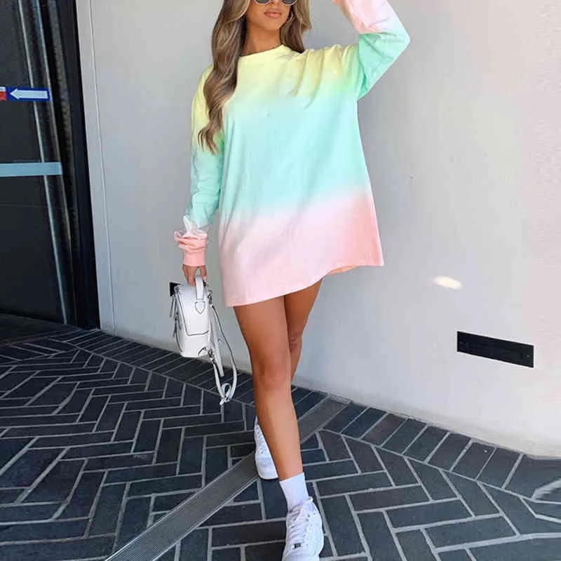 Casual Fashion Women Tie Dye Sweatshirt Tops Gradient Contrast Color Long Sleeve Round Collar Full Loose Pullover T Shirt 210517