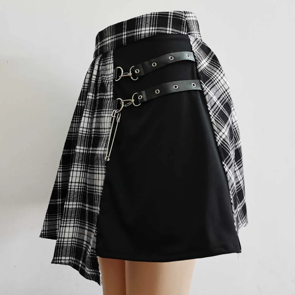 Kvinnor harajuku punk oregelbunden mini pläterad skater kjol asymmetrisk cutout hög midja hip hop clubwear gotiska hajuku kjol 210721