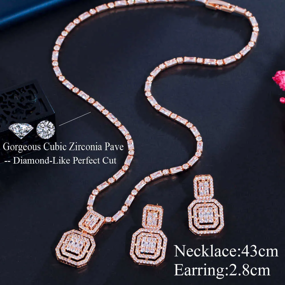 Cwwzircons glänsande baguett kubik zirkoniumbröllop brudparty halsband örhängen mode guldfärg smyckesuppsättningar tillbehör T583 H2256719