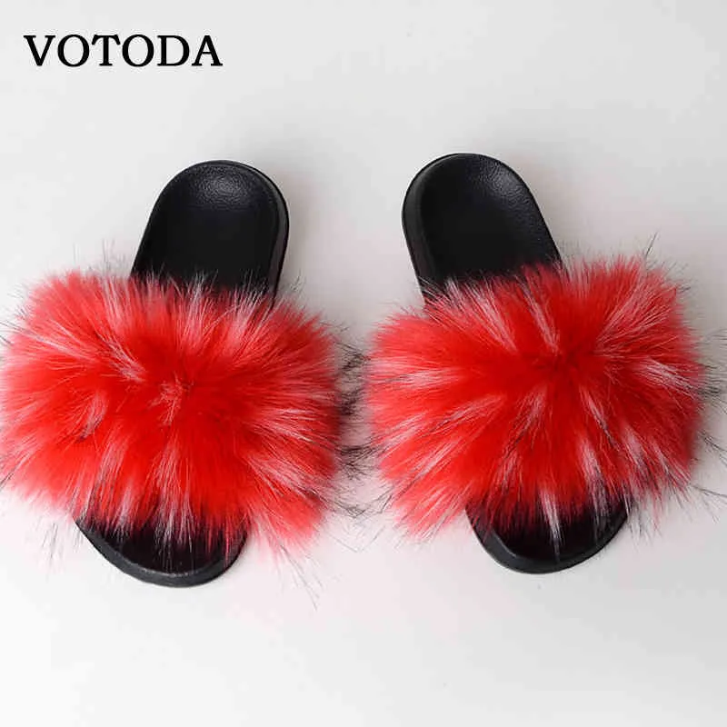 Neue Flauschige Kunstpelz Folien Frauen Pelz Hausschuhe Pelzige Waschbär Sandalen Gefälschte Foxs Flip Flops Home Fuzzy Frau Casual Plüsch Schuhe 210325