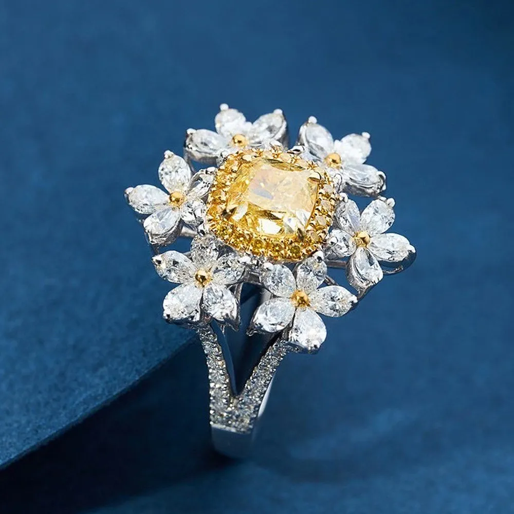6 Flowers 2 Yellow Crystal Citrine Gemstones Diamonds Rings for Women White Gold Silver Color Jewelry Bague Wedding Gifts278t