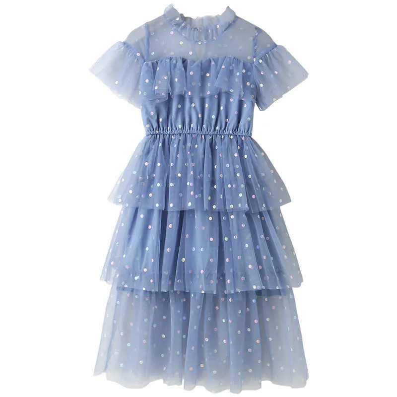 2021 Sommer Frühling Teenager Kinder Mädchen Mesh Layered Kleid Blau Rosa Mesh Daisy Prinzessin Kleidung Kinder 4 5 6 7 8 9 10 11 12 Jahre Q0716