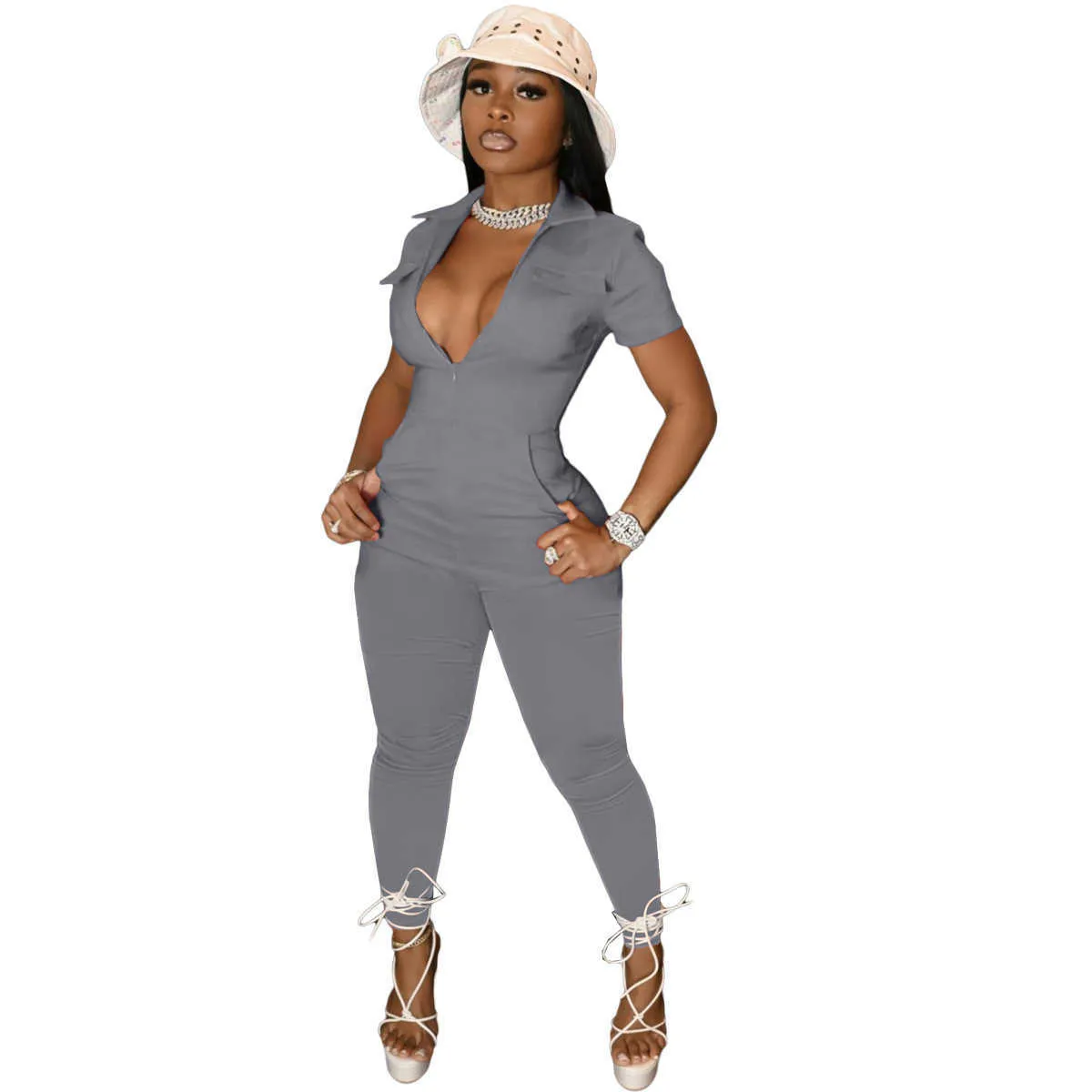 Women Solid Color 4 Pockets Sexy Short Sleeve Tee Pants Jumpsuit Lady Deep V Neck Zipper Blouse Tight Trousers OnePiece Set Rompers