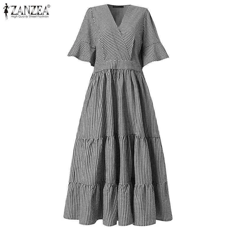 Taglie forti ZANZAE Vintage Abito da donna con volant 2021 Estate manica corta Maxi Abiti Casual scozzese Abito lungo estivo Abito da vacanza 7 Y0603