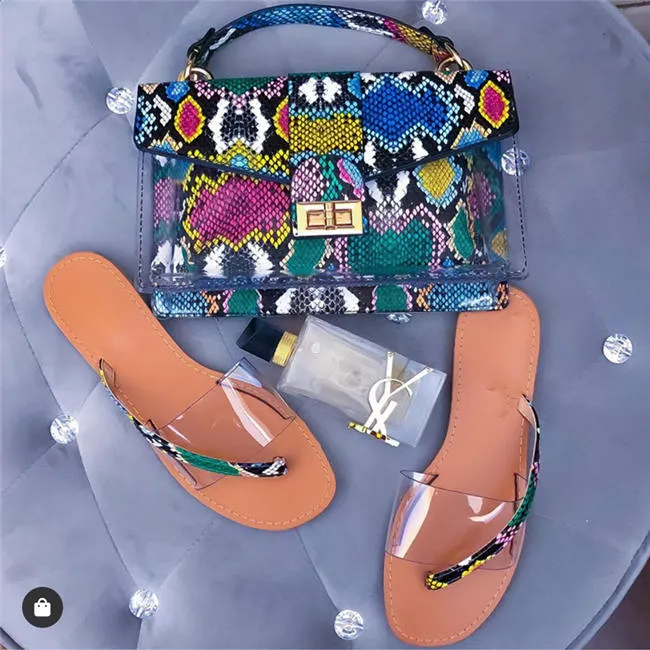 여성 패션 슬리퍼 가방 뱀 인쇄 디자인 크로스 슬래그 한 라운드 가방 여름 샌들 및 레이디 핸드백