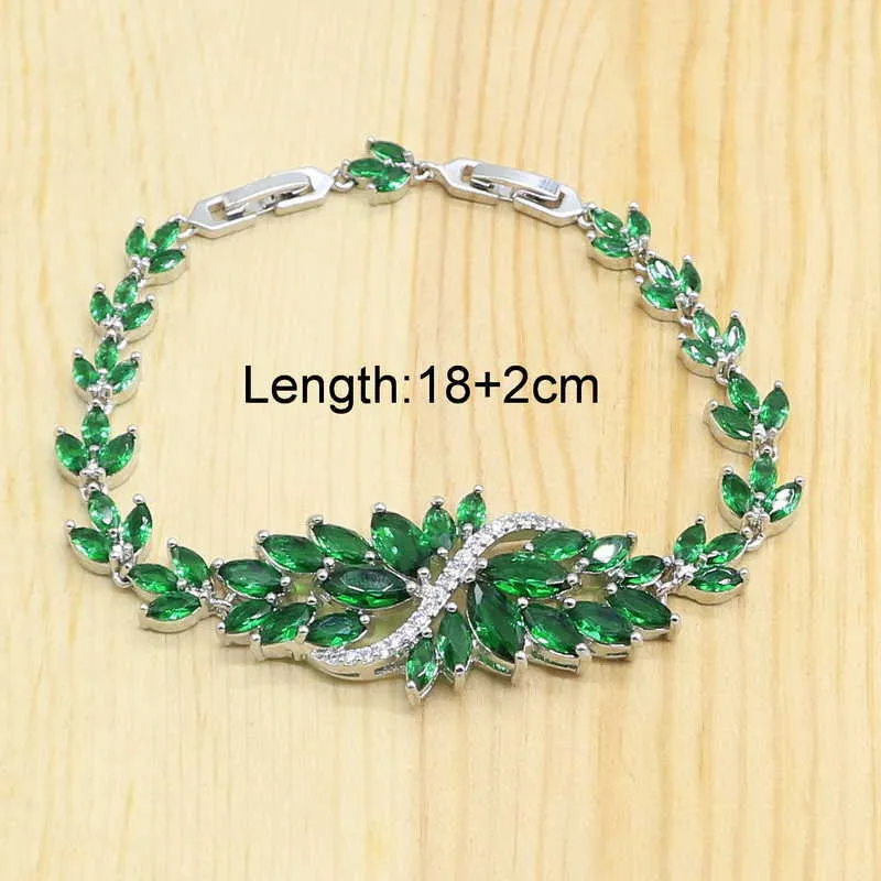 Silberfarbenes Schmuckset für Frauen, weißer Zirkon, grüner Kristall, Armband, Ohrringe, Halskette, Anhänger, Ring H1022