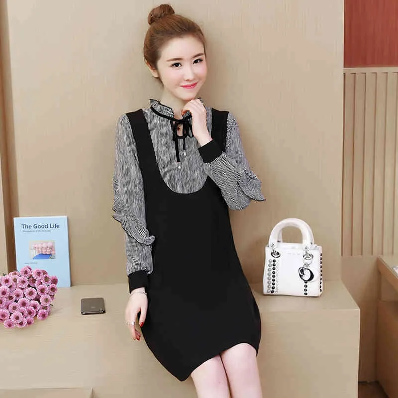 春の秋の女性のドレス韓国風の縞模様の長袖の薄い大きいサイズの女性偽のツーピースES QX906 210507