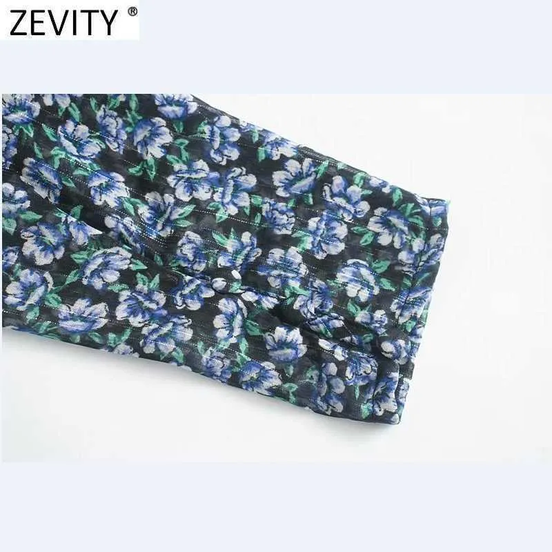 Zevity Women Sweet Cross V Neck Print Short Blouse Casual Puff Sleeve Hem Elastic Chiffon Shirts Chic Female Blusas Tops LS7323 210603