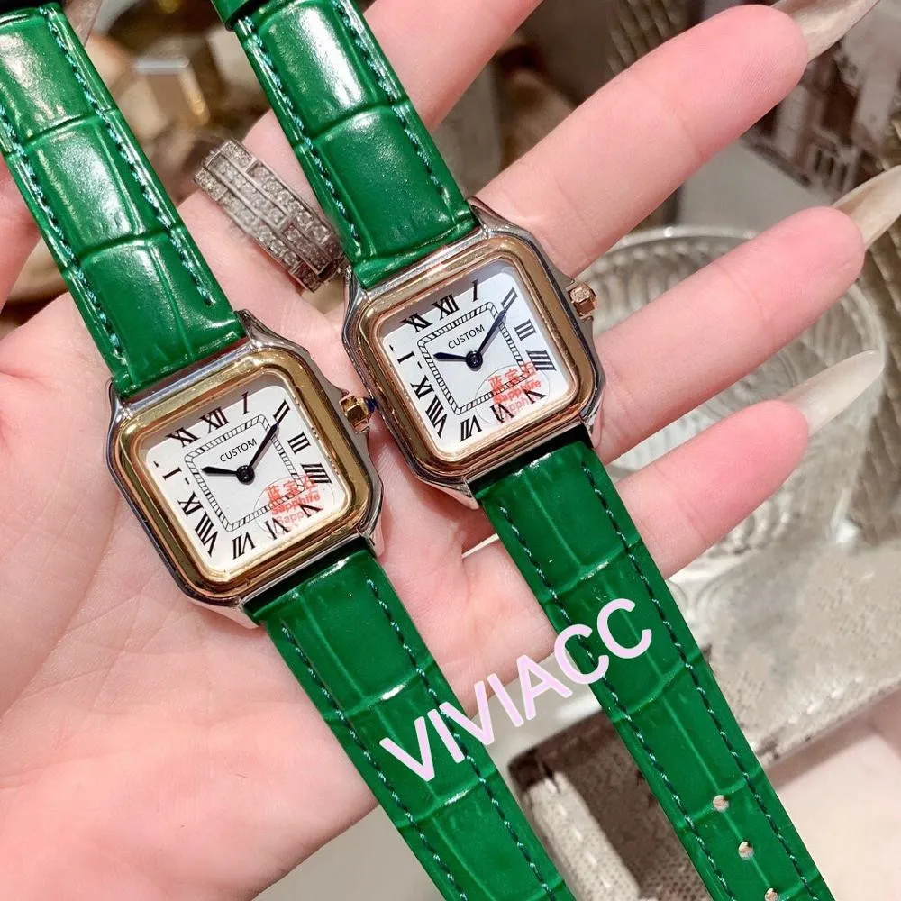 New Classic design green leather Panthere Watch Women Geometric Square Quartz Clock Sapphire Roman Number Panther Watches 27mm