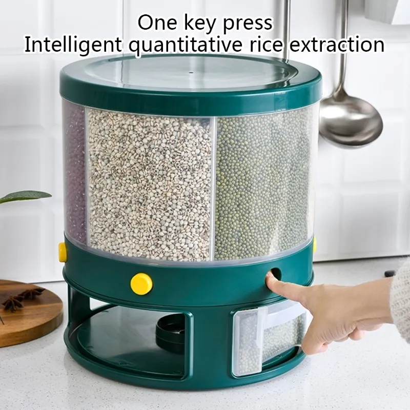 Contenitore la conservazione degli alimenti da cucina da 10 kg, lattine rotanti cereali sfusi, a prova di umidità, a prova di insetti, cereali, secchio riso a 6 griglie 220212