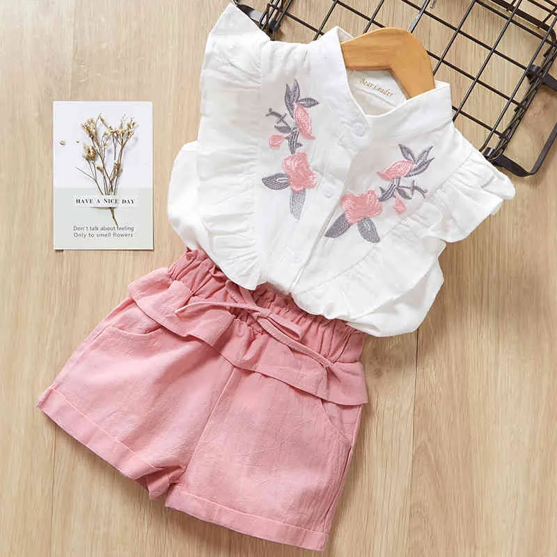 Menoea Children Sets Summer Style Kids Fly Sleeve Flower Sweatshirts+Pants With Belt Design 3-7Y Baby Girls Clothes Suits 210326