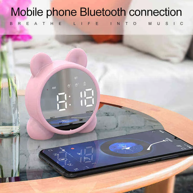 Mignon chat Bluetooth haut-parleur réveil, horloge numérique LED filles chevet réveil température de réveil, Snooze réveil 211112