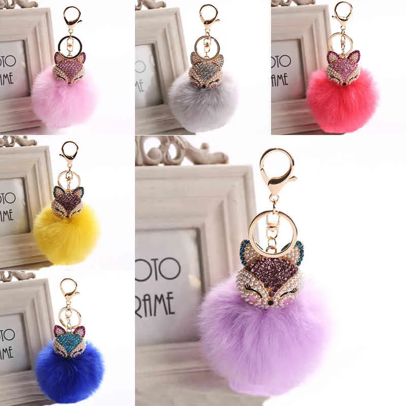 Porte-clés boule en peluche avec pompons en fourrure de renard, avec incrustation artificielle, perle, cristal, strass, bibelot, pendentif de sac pour femmes, décor