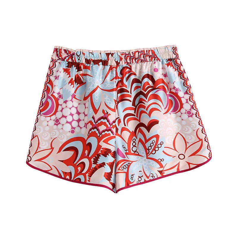 ZXQJ Vintage Frauen Red Peahen Print Shorts Anzug Sommer Mode Damen Lose Satin Boho Zwei Stück Set Mädchen Chic Shirts Sets 210721