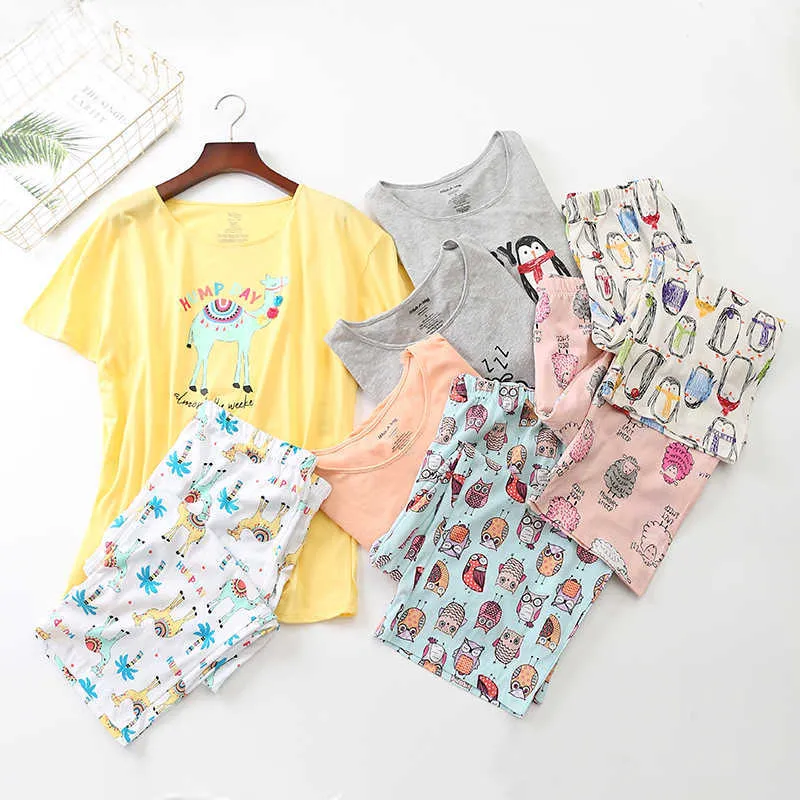 Cotton Pajamas Set Short Sleeve T-shirt Long Pants Summer Sexy Pyjama Big Size Mom Homewear Cozy Plus Sleepwear 210809