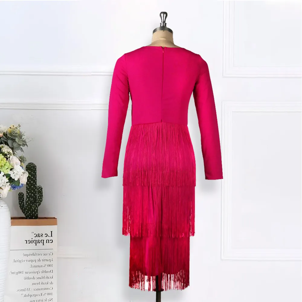 Rose Red Long Rleeves Tassels Women Midi Dress Deep V Neck Sexy Patchwork z zamkiem żeńska randka moda wiosna 2021 NOWOŚĆ 210320