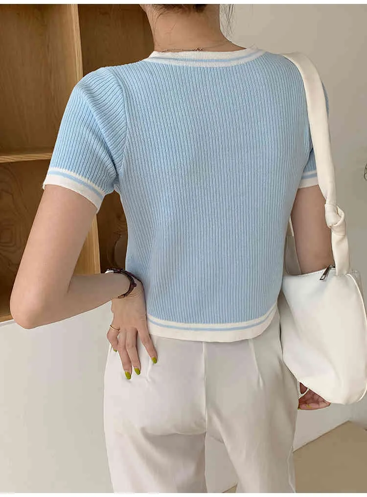 夏のカラーブロッククロップトッププルオーバー女性半袖Vネックスリム基本ニットウェアセーター韓国のファッションレディースジャンパー210513