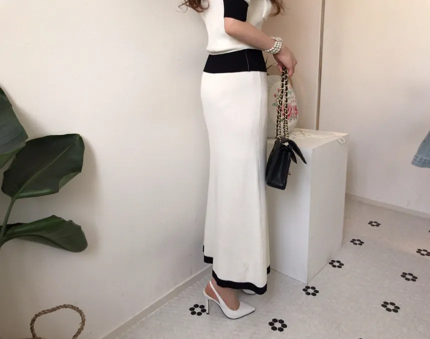 Kore Zarif Örme İki Parçalı Setleri Kadınlar Kısa Kollu Hırka + Elastik Bel Uzun Etek Takım Elbise Moda Bayanlar 210518