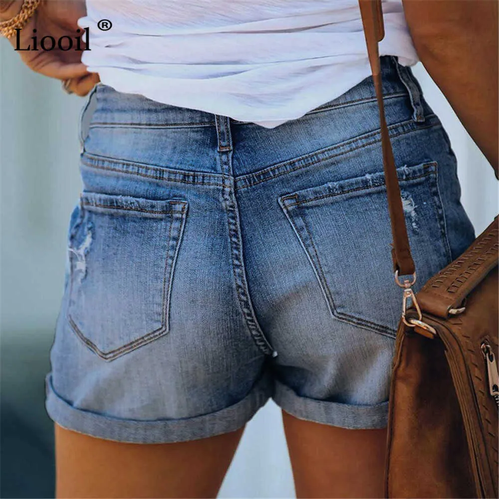 Coton Jeans Femme Taille Haute Stretch Shorts D'été Streetwear Fermeture Éclair Avec Poche Bouton Casual Bleu Revers Déchiré Denim Court 210719