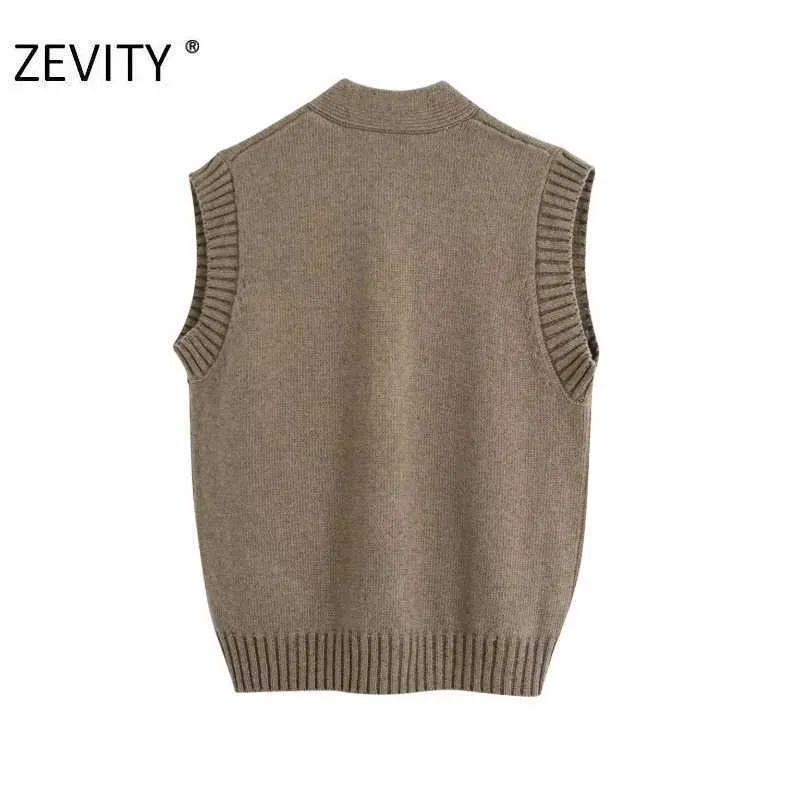 Zevidade Mulheres Moda V Pescoço Breasted Knitting Casual Sweater Feminino Bolsos De Lazer Sem Mangas Vest Borne Camisola Tops S377 210603