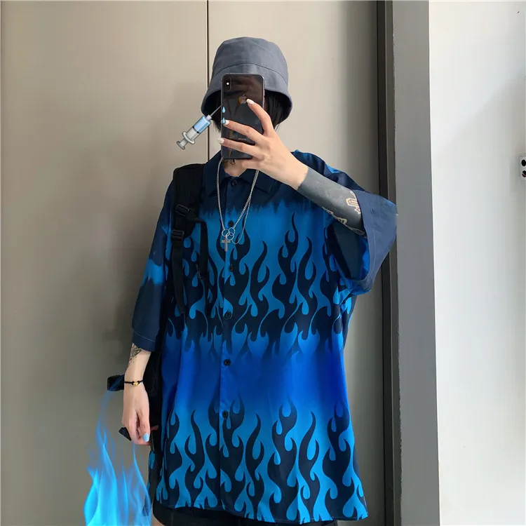 WOHERB HARAJUKU LUTNE TOPS KOBIET MAN Casual Blue Flame Print Bluzka Krótkie rękawie Zagrodzona koszula Blusas Hip-Hop Streetwear 210326