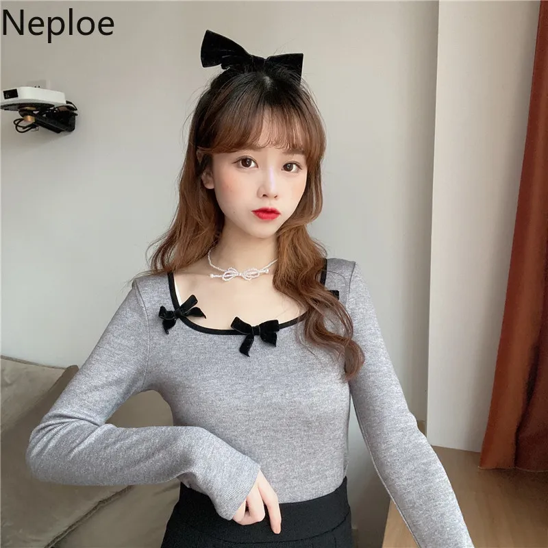 Neploe Knitwear Cropped Pullovers Sweet Velvet Bow Slim Fit Sweaters Mujeres Square Collar manga larga Jumer Fashion Sueter Tops 210422