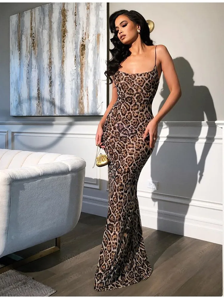 Leopard Summer Spaghetti Strap Dress Kvinnor Vintage Sexig Animal Print Party Maxi Elegant Holiday Night Club Vestidos 210517