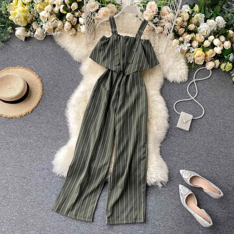 Women's Summer Jumpsuit Sexy Open Back Suspender Ruffle Tube Top High Waist Thin Striped Wide Leg Pants GX027 210507