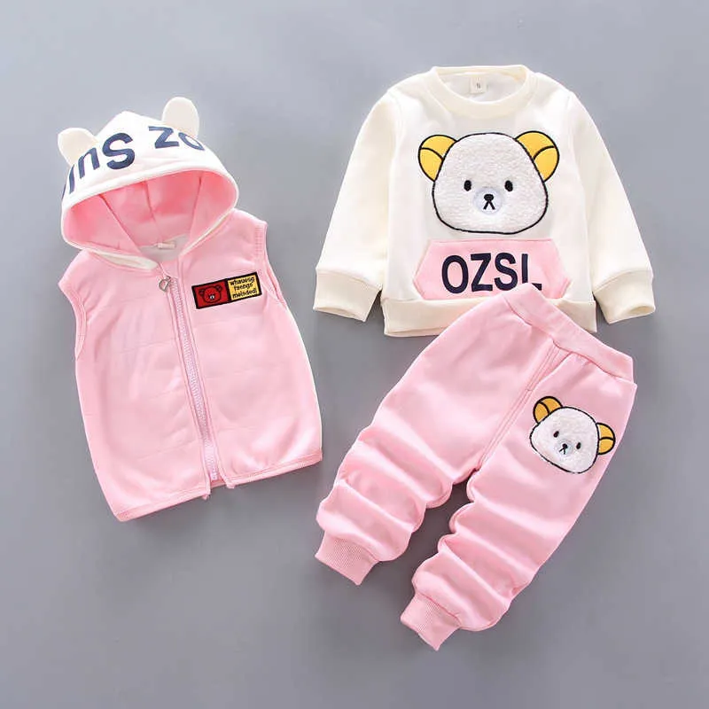 Baby Girl Clothes For Children Clothing Sets Vest+Coat+Pant 3 Picecs Boy Set Cartoon Bear Clothes For Girls For 1-4 Age 211020